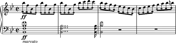 
{ \new PianoStaff <<
\new Staff \relative bes'' { \set Staff.midiInstrument = #"piano" \key bes \major \clef treble \time 2/2 \set Score.tempoHideNote = ##t \tempo 2 = 60
  bes8 \ff :16 f8 :16 bes,8 :16 f'8 :16 bes8
  :16 f8 :16 bes,8 :16 g'8 :16 | % 2
  bes8 :16 f8 :16 bes,8 :16 g'8 :16 bes8 :16 c8 :16 d8 :16 c8 :16 | % 3
  bes8 :16 a8 :16 g8 :16 f8 :16 es8 :16 d8 :16 c8 :16 bes8 :16 | % 4
  c8 :16 d8 :16 es8 :16 f8 :16 g8 :16 a8 :16 bes8 :16 b8 :16 \!
  }
\new Staff \relative bes, { \set Staff.midiInstrument = #"piano" \key bes \major \clef bass \time 2/2
  <bes f' bes f'>1 \ff _\markup{ \italic {marcato} } | % 2
  <bes f' bes>2... <bes f' bes>16 | % 3
  <bes bes' f'>2 r2 | % 4
  R1 }
>> }
