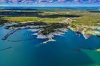 Aerial view of the shoreline of the lake with