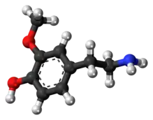 Ball-and-stick model of the 3-methoxytyramine molecule