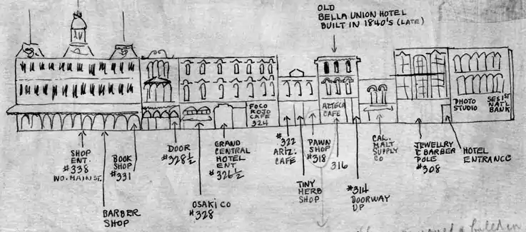 Sketch of east side of the 300 block of North Main Street, between Arcadia and Commercial streets, as it appeared circa 1880