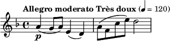 \relative c'' {\key f \major \tempo "Allegro moderato Très doux" 4 = 120 a4\p (g8 a8) e4 (d4) a'8 (f8 c'8 e8) d2}