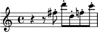  \relative c'' {
    \set Score.tempoHideNote = ##t
    \tempo 4 = 144
    \set Staff.midiInstrument = #"oboe"
    r r8 fis8-. d'8-. d,8-. f8-. c'8-.
 }
