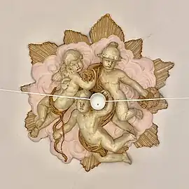 Beaux Arts stucco with putti on a ceiling in Piața Romană no. 3, Bucharest, Romania, designed by Siegfired Kofsinski and C. Crețoiu, 1912