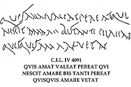 Drawing of a Roman graffito, with the translation "whoever loves, let him flourish, let him perish who knows not love, let him perish twice over whoever forbids love"