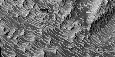 Enlargement of previous image of Danielson Crater, as seen by HiRISE under HiWish program The box represents the size of a football field.