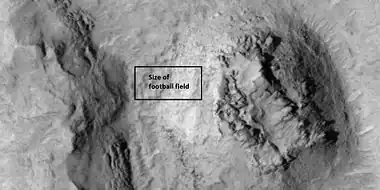 Close-up of blocks being formed, as seen by HiRISE under HiWish program The rectangle represents the size of a football field, so blocks are the size of buildings.