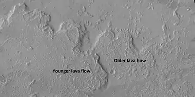 Lava flows with older and younger flows labeled, as seen by HiRISE under HiWish program