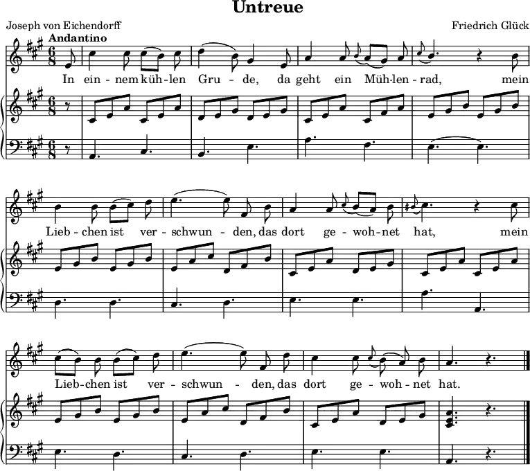 
\header {
  tagline = ##f % no footer
  title = "Untreue"
  composer = "Friedrich Glück"
  poet = "Joseph von Eichendorff"
}

\layout { indent = 0\mm
  \context {
    \Score
    \remove "Bar_number_engraver"
  }
}

global = {
  \key a \major
  \time 6/8
  \partial 8
  \tempo "Andantino"
}

sopranoVoice = \relative c'' {
  \global
  \dynamicUp
  e,8 | cis'4 cis8 cis [(b)] \noBeam cis | d4 (b8) gis4 e8 | a4 a8 \grace b (a) [(gis)] \noBeam a | \stemUp \grace cis (b4.) r4 \stemNeutral b8 |
  b4 b8 b [(cis)] \noBeam d | e4. (e8) \noBeam fis, \noBeam b | a4 a8 \grace cis (b) [(a)] \noBeam b \grace bis (cis4.) r4 cis8
  cis [(b)] \noBeam b b [(cis)] d | e4. (e8) \noBeam fis, \noBeam d' | cis4 cis8 \grace cis (b) (a) \noBeam b | a4. r4. \bar "|."
}

verse = \lyricmode {
  In ein -- nem küh -- len Gru -- de, da geht ein Müh -- len -- rad, mein
  Lieb -- chen ist ver -- schwun -- den, das dort ge -- woh -- net hat, mein
  Lieb -- chen ist ver -- schwun -- den, das dort ge -- woh -- net hat.
}

right = \relative c' {
  \global
  r8 | cis8 e a cis, e a | d, e gis d e gis | cis, e a cis, fis a | e gis b e, gis b |
  e, gis b e, gis b | e, a cis d, fis b | cis, e a d, e gis | cis, e a cis, e a |
  e  gis b e, gis b | e, a cis d, fis b | cis, e a d, e gis | <cis, e a>4. r4.
}

left = \relative c {
  \global
  r8 | a4. cis | b e | a fis | e (e) |
  d  d | cis d | e e | a a, |
  e' d | cis d | e e | a, r
}

sopranoVoicePart = \new Staff \with {
  midiInstrument = "flute"
} { \sopranoVoice }
\addlyrics { \verse }

pianoPart = \new PianoStaff  <<
  \new Staff = "right" \with {
    midiInstrument = "acoustic grand"
    midiMaximumVolume = #0.8
  } \right
  \new Staff = "left" \with {
    midiInstrument = "acoustic grand"
    midiMaximumVolume = #0.6
  } { \clef bass \left }
>>

\score {
  <<
    \sopranoVoicePart
    \pianoPart
  >>
  \layout { }
  \midi { \tempo 4=66 }
}
