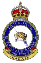 Royal Australian Air Force crest depicting a jaguar's head couped, pierced by a rapier in hand; the jaguar's head symbolises 'death and destruction wrought by the enemy'; the rapier symbolises 'offensive action taken by the squadron'; the motto beneath reads "Harass" based on the squadron's nickname 'The Desert Harassers'