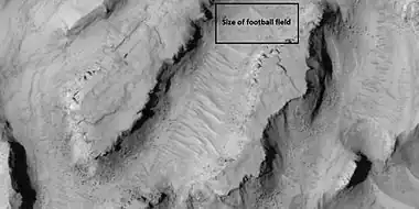 Close view showing blocks being formed, as seen by HiRISE under HiWish program Note: this is an enlargement of the previous image.  Box represents size of football field.