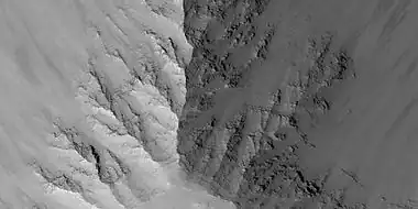 Close view of layers in Louros Valles, as seen by HiRISE under HiWish program Note this is an enlargement of a previous image.