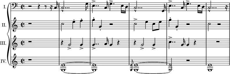 
\relative c {
  \new PianoStaff <<
    \new Staff {
      \set Staff.instrumentName = "I." \set Staff.midiInstrument = #"piano" \key c \major \clef bass \time 2/2 \set Score.tempoHideNote = ##t \tempo 2 = 60
      r2 r4 r8 r16 c16 |
      c2... -^ g'16 |
      e4.. -> c16 g'4. -> e16 d16 |
      c2... -^ g16 |
      e'4.. -> c16 g'4. -> e16 d16 |
      c2... -^ r16 |
    }
    \new Staff {
      \set Staff.instrumentName = "II." \set Staff.midiInstrument = #"piano" \key c \major \clef treble \time 2/2
      r1 |
      c''2 e4 -. f4 -. |
      g4 -. g,4 -. r2 |
      c2 -> e4 c8 e8 |
      g4 -. g,4 -. r2 |
      c2 r2 |
    }
    \new Staff {
      \set Staff.instrumentName = "III." \set Staff.midiInstrument = #"piano" \key c \major \clef treble \time 2/2
      r1 |
      r4 g2 -> g4 -> |
      g4.. -> a16 g4 r4 |
      r4 g2 -> g4 -> |
      c4.. -> g16 g4 r4 |
      R1 |
    }
    \new Staff {
      \set Staff.instrumentName = "IV." \set Staff.midiInstrument = #"piano" \key c \major \clef treble \time 2/2
      r1 |
      <g, e'>1 ~ |
      <g e'>1 |
      \grace { <g e'>8 } <g e'>1 ~ |
      <g e'>2 r2 |
      <g e'>1 |
    }
  >>
}
