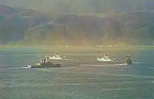 image of HMNZS Waikato and 3 sister ships in Wellington Harbour 1980