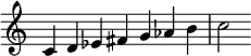  {
\override Score.TimeSignature #'stencil = ##f
\relative c' {
  \clef treble \time 7/4
  c4 d es fis g aes b c2
} }
