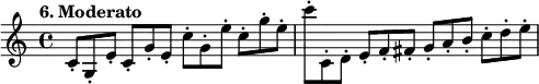 
%etude6
\relative c'
{  
\set Staff.midiInstrument = #"violin"
\time 4/4 
\tempo "6. Moderato"
\key c \major
c8*2/3-. g-. e'-. c-. g'-. e-. c'-. g-. e'-. c-. g'-. e-. | c'-. c,,-. d-. e-. f-. fis-. g-. a -. b-. c -. d-. e-.
}

