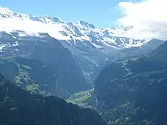 View from the Schynige Platte up the Lauterbrunnen Valley, with the Ebnefluh, Mittaghorn, Grosshorn and Breithorn behind.