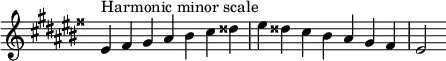  {
\omit Score.TimeSignature \relative c' {
  \key eis \minor \time 7/4 eis^"Harmonic minor scale" fisis gis ais bis cis disis eis disis cis bis ais gis fisis eis2
} }
