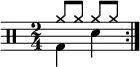 
\new Staff <<
 \new voice \relative c' {
   \clef percussion
   \numericTimeSignature
   \time 2/4
   \set Score.tempoHideNote = ##t \tempo 4 = 100
   \stemDown \repeat volta 2 { g4 d' }
  }
  \new voice \relative c'' {
   \override NoteHead.style = #'cross
   \stemUp \repeat volta 2 { a8 a a a }
   }
>>
