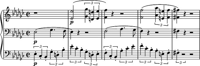 
\relative c' {
  \new PianoStaff <<
    \new Staff {
      \set Staff.midiInstrument = #"piano" \key ees \minor \clef treble \time 2/2 \set Score.tempoHideNote = ##t \tempo 2 = 55
      r1 |
      <es es'>2 \p (\tuplet 3/2 { <ges ges'>4 <d d'>4 <es es'>4 } |
      <f f'>4) r4 r2 |
      <f f'>2 (\tuplet 3/2 { <as as'>4 <e e'>4 <f f'>4 } |
      <fis fis'>4) r4 r2 |
    }
    \new Staff {
      \clef bass \key ees \minor
      es,2 \p (ges4. f8 |
      es4) r4 r2 |
      f2 (as4. ges8 |
      f4) r4 r2 |
      fis4 r4 r2 |
    }
    \new Staff {
      \clef bass \key ees \minor
      \tuplet 3/2 { es4 -. \p ces4 -. bes4 -. } \tuplet 3/2 { ges'4 -. d4 -. bes'4 -. } |
      \tuplet 3/2 { es4 -. ces4 -. bes4 -. } \tuplet 3/2 { ges4 -. d4 -. es4 -. } |
      \tuplet 3/2 { f4 -. ces4 -. bes4 -. } \tuplet 3/2 {as'4 -. ces4 -. es4 -. } |
      \tuplet 3/2 { f4 -. ces4 -. bes4 -. } \tuplet 3/2 {as4 -. e4 -. f4 -. } |
      \tuplet 3/2 { fis4 -. r2 } r2 |
    }
  >>
}
