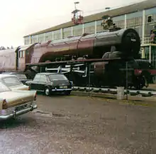 No. 6229 Duchess of Hamilton at Butlins holiday camp in Minehead, Somerset, minus smoke deflectors, 14 August 1974