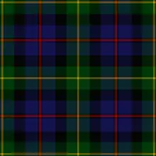 A bold tartan of gree and blue with black bars and thin yellow (on green) and red (on blue) over-checks