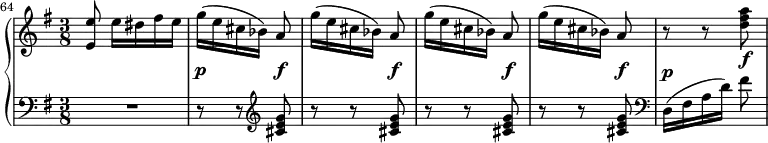 
   \new PianoStaff <<
      \new Staff <<
         \relative c' {
             \clef treble \key g \major \time 3/8
             \set Score.currentBarNumber = #64
             \bar ""
             <e e'>8 e'16[ dis fis e]
             \once \override DynamicLineSpanner.staff-padding = #3.5 g16([\p e cis bes)] \once \override DynamicLineSpanner.staff-padding = #3.5  a8\f
             g'16([ e cis bes)] \once \override DynamicLineSpanner.staff-padding = #3.5  a8\f
             g'16([ e cis bes)] \once \override DynamicLineSpanner.staff-padding = #3.5  a8\f
             g'16([ e cis bes)] \once \override DynamicLineSpanner.staff-padding = #3.5 a8\f
             r r <d fis a>\f
             }
            >>
     \new Staff <<
         \new Voice \relative c' {
             \clef bass \key g \major \time 3/8
             R4. 
             r8 r \clef treble <cis e g>
             r8 r <cis e g>
             r8 r <cis e g>
             r8 r <cis e g>
             \clef bass \once \override DynamicLineSpanner.staff-padding = #3.5 d,16([^\p fis a d)] fis8
             }
         >>
    >>
