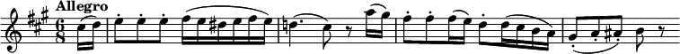 
\new Score {
  \new Staff = "clarinet" {
    \transpose c a
    \relative c' {
      \set Staff.midiInstrument = #"clarinet"
      \clef treble
      \key c \major
      \time 6/8
      \tempo "Allegro"
      \set Score.tempoHideNote = ##t
      \tempo 8 = 240

      \partial 16*2 e16( f) | g8-. g-. g-. a16( g fis g a g) |
      f!4.( e8) r c'16( b) | a8-. a-. a16( g) f8-. f16( e d c) |
      b8-.( c-. cis-.) d r
    }
  }
}
