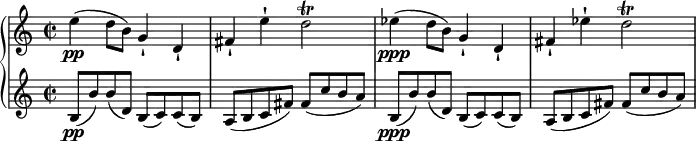 
{ \new PianoStaff <<
\new Staff \relative e'' { \set Staff.midiInstrument = #"piano" \key c \major \clef treble \time 2/2 \set Score.tempoHideNote = ##t \tempo 2 = 43
  e4 \pp ( d8 b8 ) g4 -! d4 -! | % 2
  fis4 -! e'4 -! d2 \trill | % 3
  es4 \ppp ( d8 b8 ) g4 -! d4 -! | % 4
  fis4 -! es'4 -! d2 \trill
  }
\new Staff \relative b { \set Staff.midiInstrument = #"piano" \key c \major \clef treble \time 2/2
  b8 \pp ( b'8 ) b8 ( d,8 ) b8
  ( c8 ) c8 ( b8 ) | % 2
  a8 ( b8 c8 fis8 ) fis8 ( c'8 b8 a8 ) | % 3
  b,8 \ppp ( b'8 ) b8 ( d,8 ) b8 ( c8 ) c8 ( b8 ) | % 4
  a8 ( b8 c8 fis8 ) fis8 ( c'8 b8 a8 ) }
>> }
