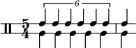 
<< \relative c' {
   \override Staff.StaffSymbol.line-positions = #'(-2 2)
   \clef percussion
   \time 5/4
   \override TupletNumber.text = #tuplet-number::calc-fraction-text
   \tuplet 6/5 { e4 e e e e e } e4
} \\ \relative c' {
   a4 a a a a a
}
>>
