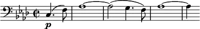  \relative c { \set Staff.midiInstrument = #"cello"  \clef bass \key f \minor \time 2/2 \partial 2*1 c4.\p( f8) | aes1~ | aes2( g4. f8) | aes1~ | aes4 } 