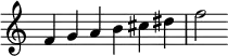  {
\override Score.TimeSignature #'stencil = ##f
\relative c' { 
  \clef treble \time 6/4
  f4 g a b cis dis f2
} }
