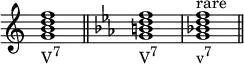 
{
\override Score.TimeSignature #'stencil = ##f
\relative c'' {
   \clef treble 
   \time 4/4
   \key c \major
   <g b d f>1_\markup { \concat { "V" \raise #1 \small "7" } } \bar "||"

   \clef treble 
   \time 4/4
   \key c \minor
   <g b d f>1_\markup { \concat { "V" \raise #1 \small "7" } }
   <g bes! d f>^\markup { "rare" }_\markup { \concat { "v" \raise #1 \small "7" } } \bar "||"
} }
