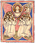 The Seventh Trumpet (añafil), adoration in Heaven, in a miniature preserved in the Trinity College Library, Dublin, late 13th century.