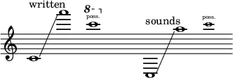 
    {
      \new Staff \with { \remove "Time_signature_engraver" }
      \clef treble \key c \major \cadenzaOn
      c'1 ^ \markup "written" \glissando a'''1
      \tweak font-size #-2 \ottava #+1 c''''1 \finger \markup \text "poss."
      \ottava #0 \hide r1
      c1 ^ \markup "sounds" \glissando a''1
      \tweak font-size #-2 c'''1 \finger \markup \text "poss."
    }
  