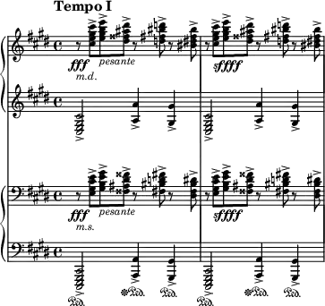  {
\new StaffGroup
\with {
    \omit SystemStartBracket
    \override StaffGrouper.staffgroup-staff-spacing.basic-distance = #15
  } <<
\new PianoStaff <<
\new Staff \with { \magnifyStaff #3/4 } <<
\relative c'' { \time 4/4 \clef treble \key cis \minor \tempo "Tempo I" \tempo 4 = 50 \set Staff.extraNatural = ##f r8\fff _\markup {\left-align \italic m.d.} <cis e gis cis>-> <e gis b e>->_\markup { \italic pesante} <dis fisis ais dis>-> r <d fis bis d>-> r <bis dis fis bis>-> r <cis e gis cis>->_\markup {\dynamic sffff} <e gis b e>-> <dis fisis ais dis>-> r <d fis bis d>-> r <bis dis fis bis>->}
>>
\new Staff \with { \magnifyStaff #3/4 } <<
\relative c { \time 4/4 \clef treble \key cis \minor <cis e gis cis>2-> <a' a'>4-> <gis gis'>-> <cis, e gis cis>2-> <a' a'>4-> <gis gis'>->}
>>
>>

\new PianoStaff <<
\new Staff \with { \magnifyStaff #3/4 } <<
\relative c { \time 4/4 \clef bass \key cis \minor \set Staff.extraNatural = ##f r8\fff _\markup {\left-align \italic m.s.} <e gis cis e>-> <gis b e gis>->_\markup { \italic pesante} <fisis ais dis fisis>-> r <fis bis d fis>-> r <dis fis bis dis>-> r <e gis cis e>->_\markup {\dynamic sffff} <gis b e gis>-> <fisis ais dis fisis>-> r <fis bis d fis>-> r <dis fis bis dis>->}
>>
\new Staff \with { \magnifyStaff #3/4 } <<
\relative c,, { \time 4/4 \clef bass \key cis \minor <cis e gis cis>2->\sustainOn <a' a'>4-> \sustainOff \sustainOn <gis gis'>->\sustainOn <cis, e gis cis>2-> \sustainOn <a' a'>4->\sustainOff \sustainOn <gis gis'>->\sustainOn}
>>
>>
>>
} 