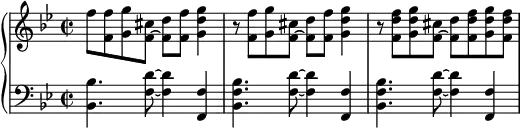 
    {
      \new PianoStaff <<
        \new Staff <<
            \relative c'' {
                \clef treble \key bes \major \time 2/2
                f8 <f, f'> <g g'> <f~ cis'> <f d'> <f f'> <g d' g>4 
                r8 <f f'> <g g'> <f~ cis'> <f d'> <f f'> <g d' g>4 
                r8 <f d' f> <g d' g> <f~ cis'> <f d'> <f d' f> <g d' g> <f d' f> 
                }
            >>
        \new Staff <<
            \relative c {
                \clef bass \key bes \major \time 2/2
                <bes bes'>4. <f' d'>8~ <f d'>4 <f, f'>4
                <bes f' bes>4. <f' d'>8~ <f d'>4 <f, f'>4
                <bes f' bes>4. <f' d'>8~ <f d'>4 <f, f'>4
                }
            >>
    >> }
