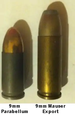 9×19mm Parabellum (left) and 9mm Mauser Export (right) cartridges for comparison