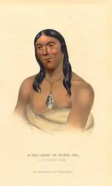 A-na-cam-e-gish-ca (Aanakamigishkaang/"[Traces of] Foot Prints [upon the Ground]"), Ojibwe chief, from History of the Indian Tribes of North America