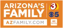 In an orange box, from top left: The white lettering "Arizona's Family" in a sans serif. Beneath, an orange box with the website "A Z FAMILY .com" in orange and gray. To the right is a white line separating it from three symbols: the 3TV logo, the CBS 5 logo, and a white rounded rectangle with the lowercase lettering "A Z FAMILY" on two lines.