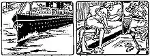 Two panels from a comic strip. In the first panel, a nurse watches as a young boy urinates, and an ocean liner tavels through the mass of urine. In the second panel, the nurse awakens in her bed to the child's crying.