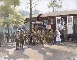 A Red Cross Train, France; wounded British soldiers are transferred from a motor ambulance to a Red Cross train, 1918, artist Harold Septimus Power.