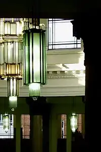 Angular chandeliers by Lanchester & Lodge (c. 1929–1936), Brotherton Library, University of Leeds, West Yorkshire, UK