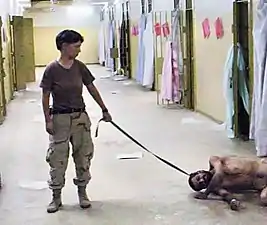 England forcing an inmate, known to the guards as "Gus", to crawl and bark like a dog on a leash.