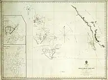 A British Admiralty map entitled "The Houtman Rocks", showing four groups of islands, oriented north-west, west of a coastline also oriented north-west. Soundings are shown along various tracks between islands and coast. Two insets show detailed sounding in Recruit Bay and Good Friday Bay. An island in the north-west corner is labelled "North I."