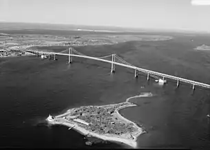 Aerial view of bridge and uninhabited Rose Island.