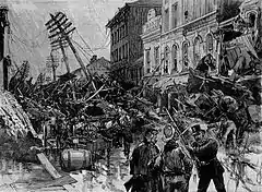 Authorities averting looting on Main Street, as depicted in a June 15, 1889 illustration in Harper's Weekly (This was shown satirically in the 1978 book MAD Goes to Pieces as "The morning after the final concert of The Who.")