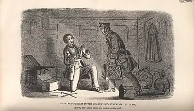 Contemporary news illustration of the robbery. The caption reads "Agar and Burgess in the guards' department of the train: Opening the bullion chests and taking out the gold."