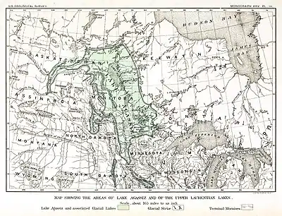 An early map of the extent of Lake Agassiz in central North America, by 19th century geologist Warren Upham. The regions covered by the lake were significantly larger than shown here.