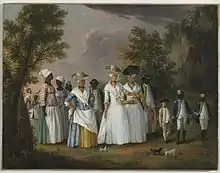 Free women of color walking with children and servants in a tropicaal lndscape