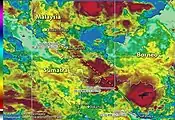 Infrared satellite imagery (taken at 7:32 WIB) with flight path superimposed on the right. On this false-colour image, blue represents warmer temperatures, while red and ultimately black represent the cold tops of high-altitude clouds.